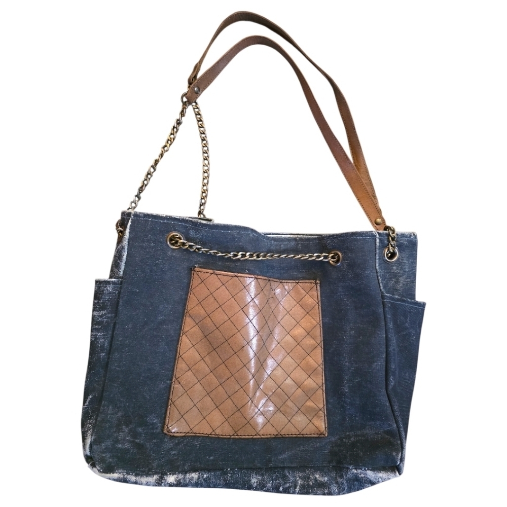 Mona B Upcycled Canvas Tote Bag Denim Leather Chain Strap Boho Shoulder Bag